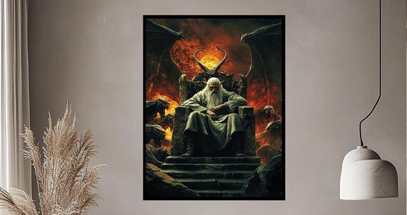 Wizard King on a Throne With Fire Demons Dark Fantasy Epic Poster