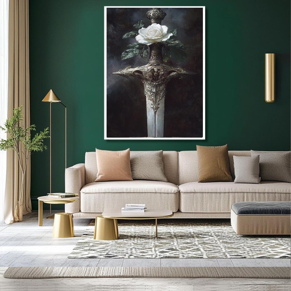 Ornate Medieval Sword And White Rose Dark Fantasy Art Poster - Image 2