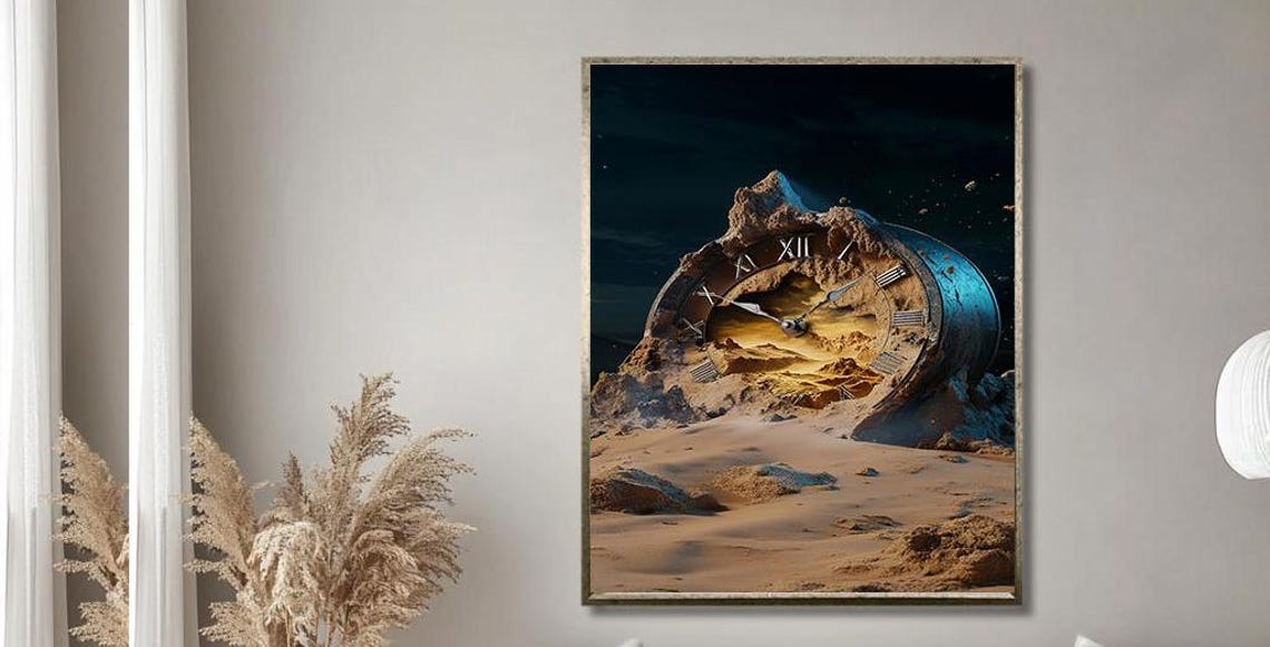 Giant Broken Clock Half Buried in Desert Sand Night Surreal Print