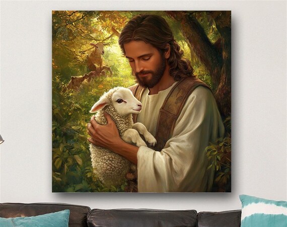 Jesus Holding a Lamb in a Forest Good Shepherd Religious Poster