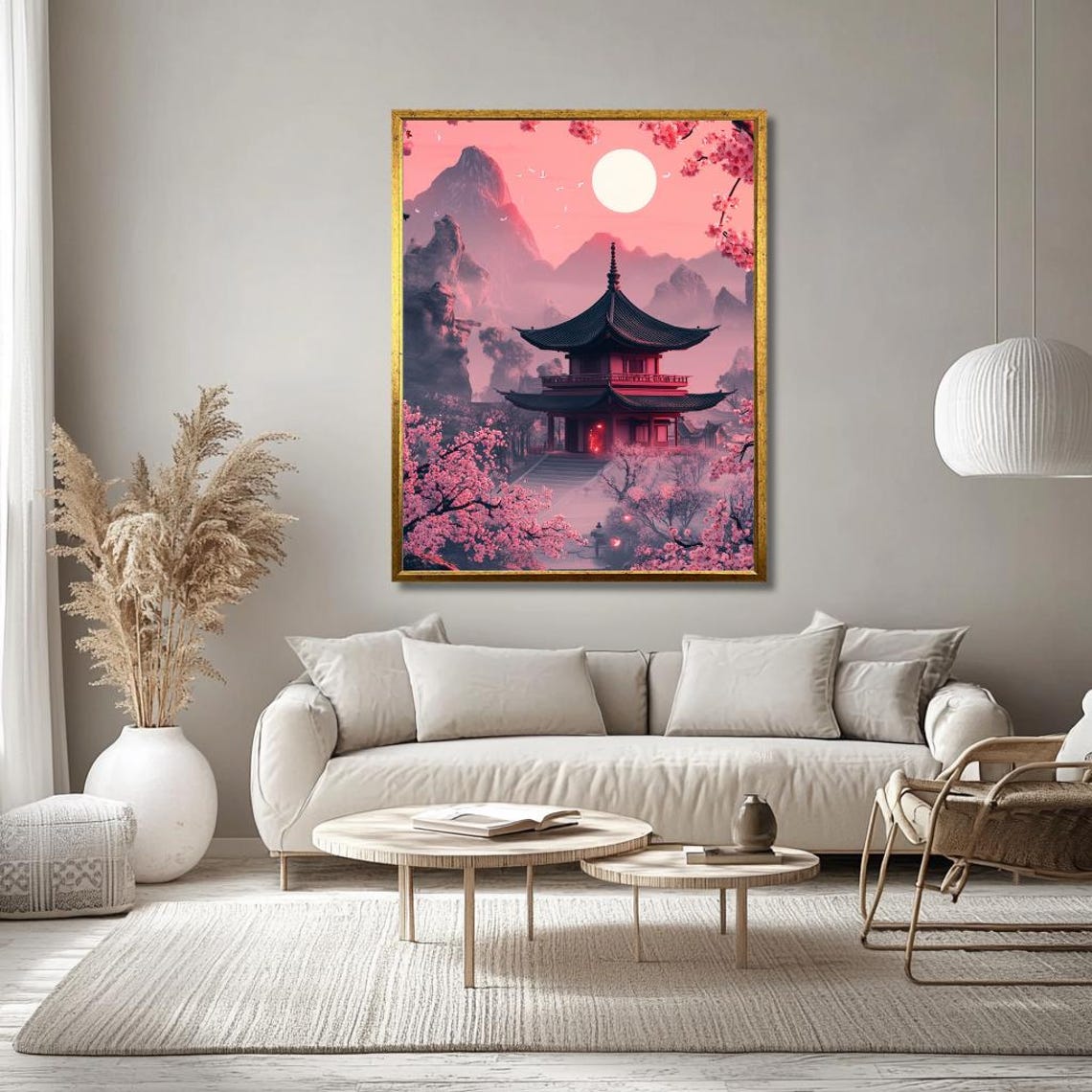 Japanese Pagoda Temple With Cherry Blossoms At Pink Sunset Poster - Image 3
