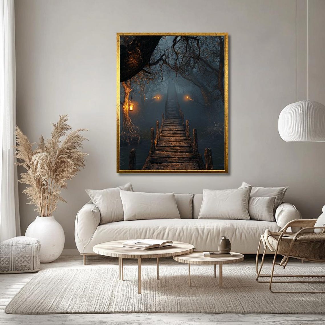 Mystical Forest Bridge Wall Art Enchanted Pathway With Lanterns In Foggy Woods Dark Fantasy Decor For Living Room Large - Image 3