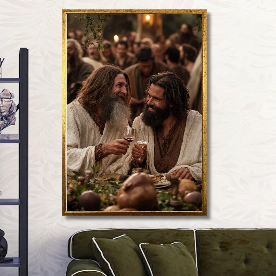 Joyful Biblical Feast Poster: Two Friends Toasting Wine at Celebration - Image 3