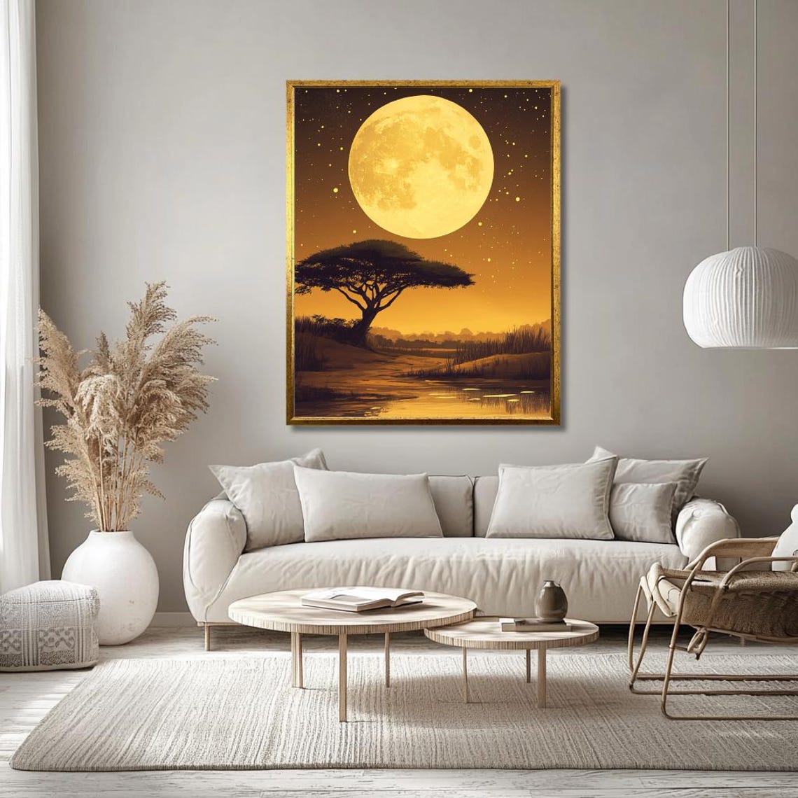 Golden Full Moon Over African Savannah Acacia Tree Night Poster - Image 3