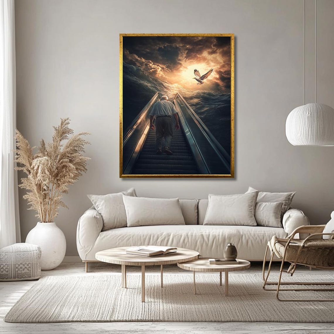 Man Ascending Escalator Toward Heavenly Light Surreal Poster - Image 3