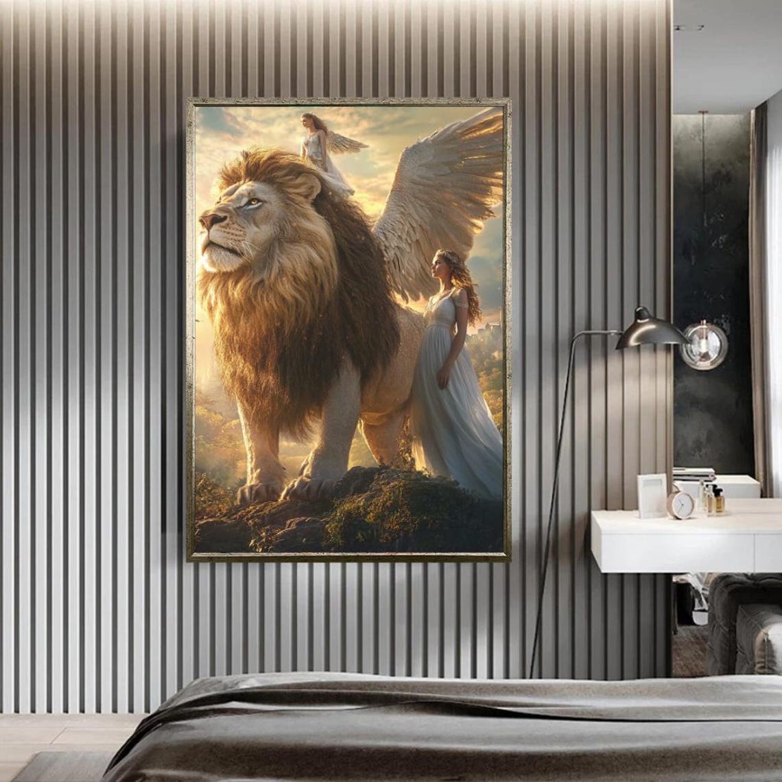Angelic Lion and Angel Guardian Sunset Sky Fantasy Art Poster