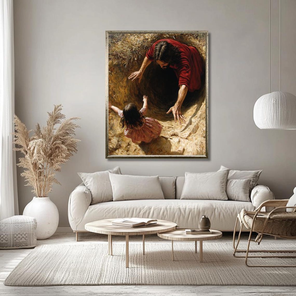 Jesus Reaching Down to Rescue a Child From a Deep Dark Pit Poster - Image 3