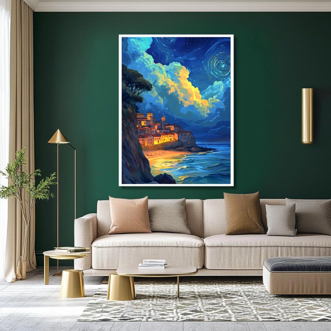 Illuminated Coastal Village Under Swirling Starry Night Sky Poster - Image 2