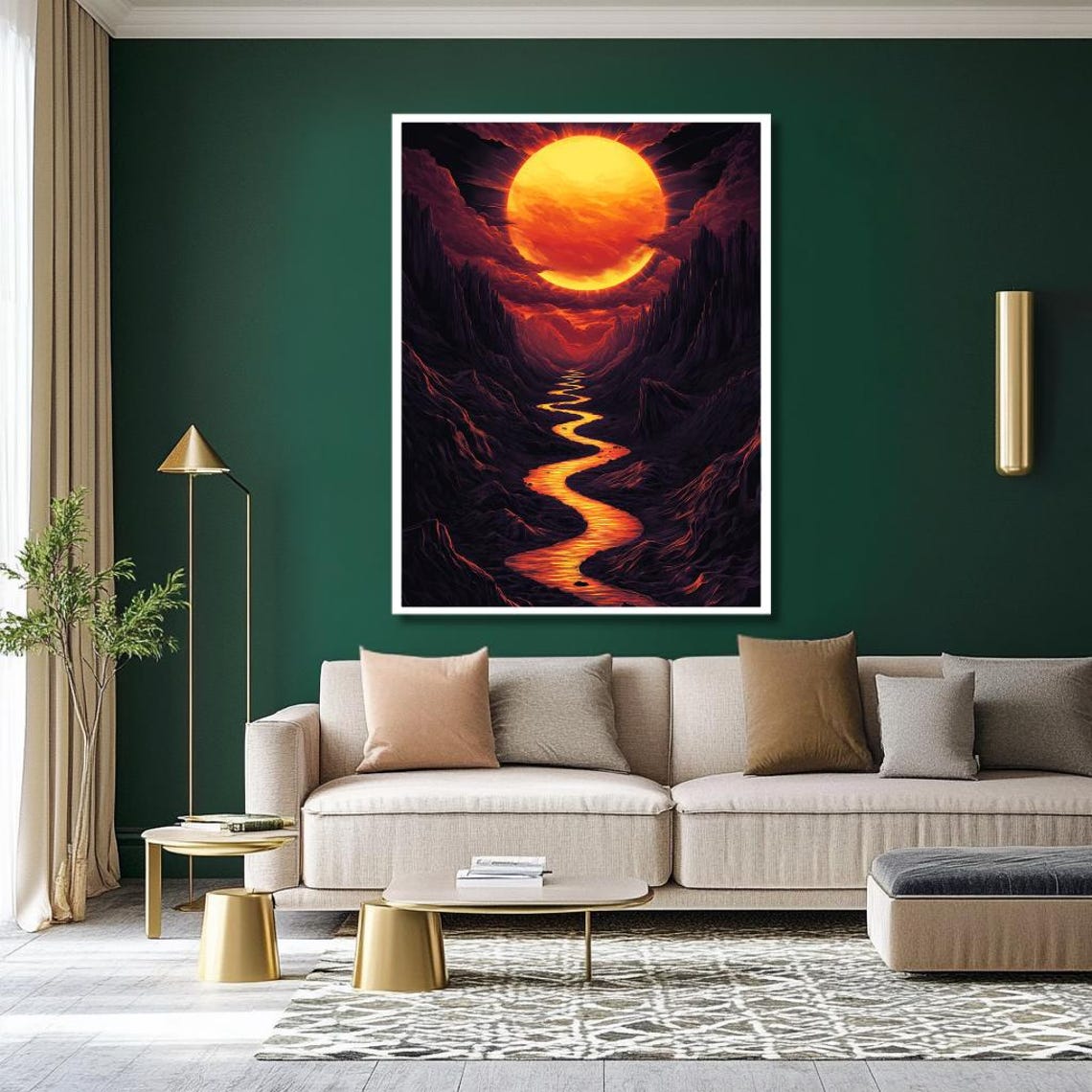 Fiery Orange Sun Over Dark Canyon Glowing River Surreal Poster - Image 2
