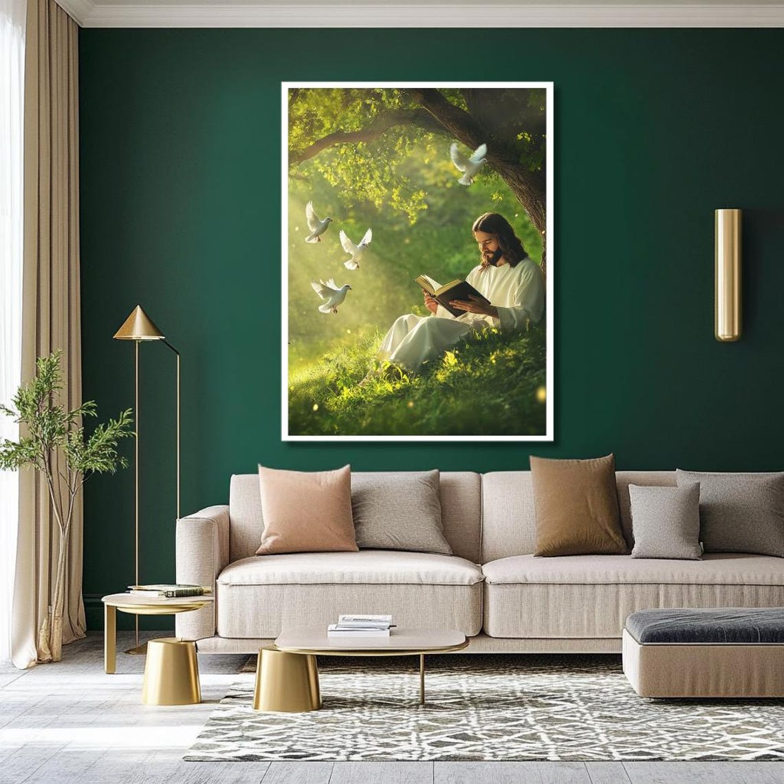 Peaceful Garden Reading Wall Art Serene Nature White Doves Print Spiritual Meditation Green Forest Wall Decor - Image 2
