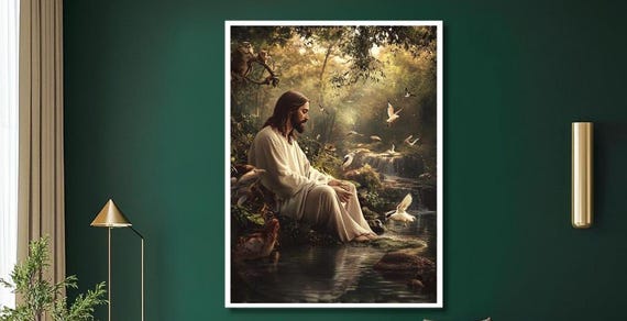 Nature Serenity Wall Art Peaceful Riverside Print Golden Light Forest Wall Decor