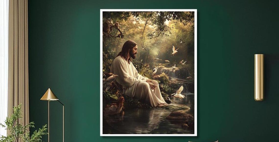 Nature Serenity Wall Art Peaceful Riverside Print Golden Light Forest Wall Decor