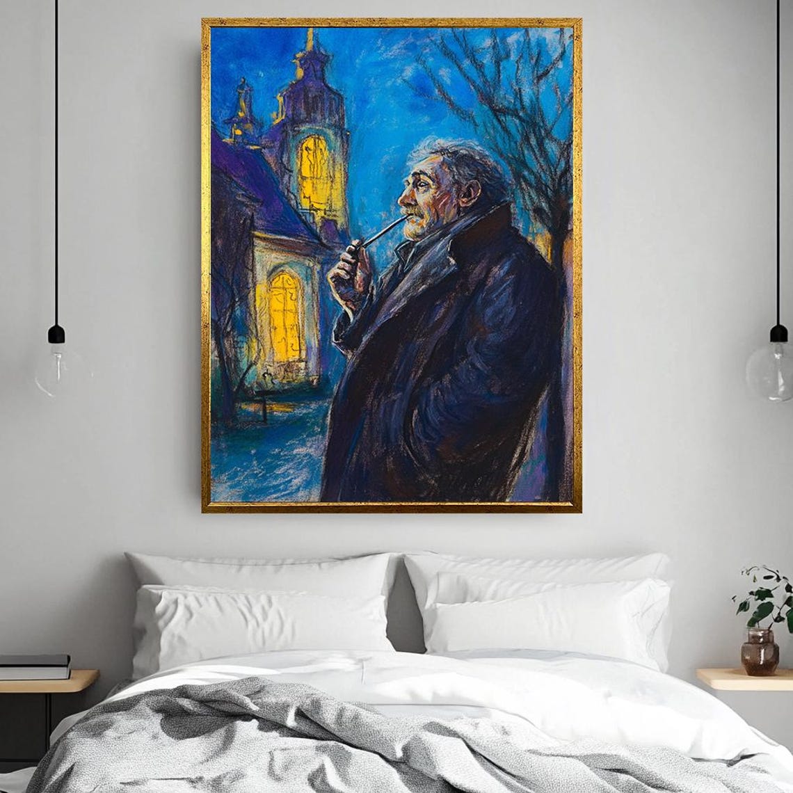 Old Man Smoking A Pipe By A Church Tower On Blue Night Street Poster - Image 2