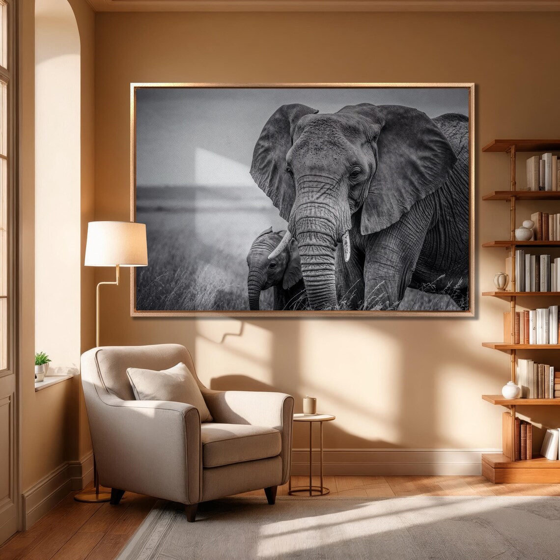 Mother Elephant And Calf Black And White Safari Photo Wall Art - Image 3