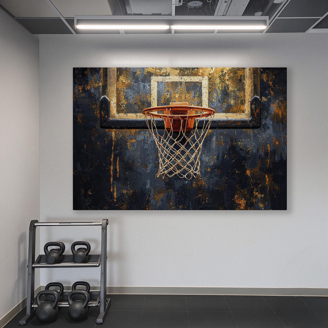 Basketball Hoop Close Up On Dark Blue And Gold Grunge Poster - Image 6