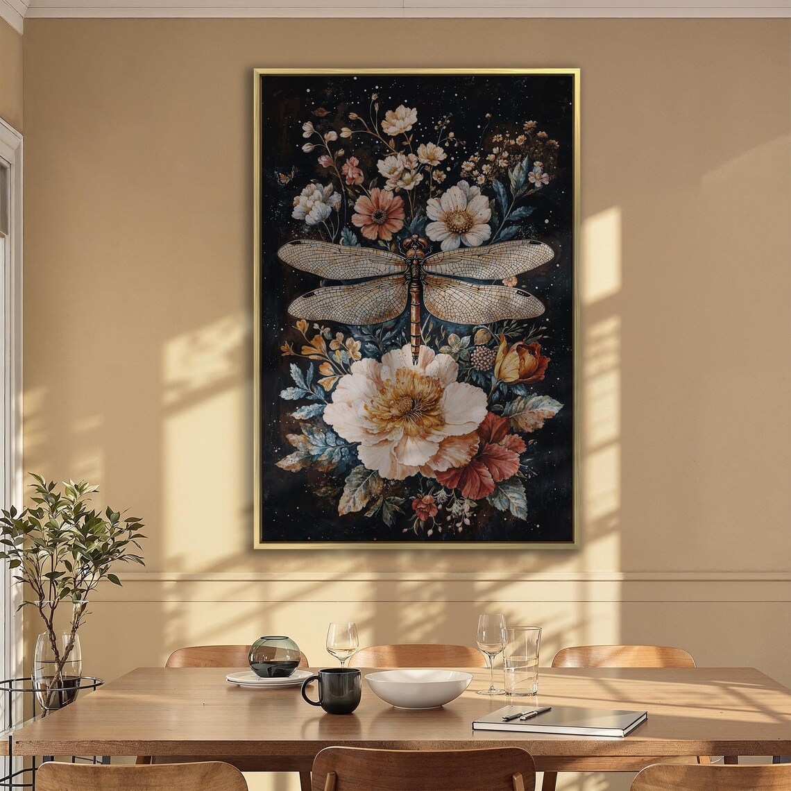 Dragonfly Above Giant Cream Peony On Starry Night Floral Poster - Image 2