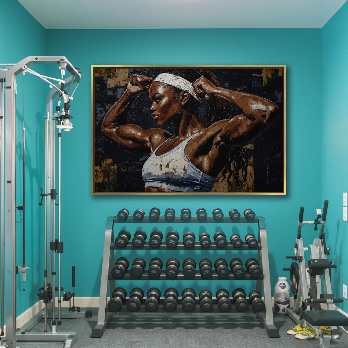 Powerful Woman Flexing with White Headband Dark Gold Fitness Poster - Image 3