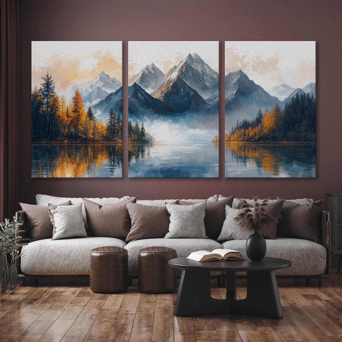 Misty Blue Mountains with Autumn Forest Lake Panorama Art Poster - Image 6