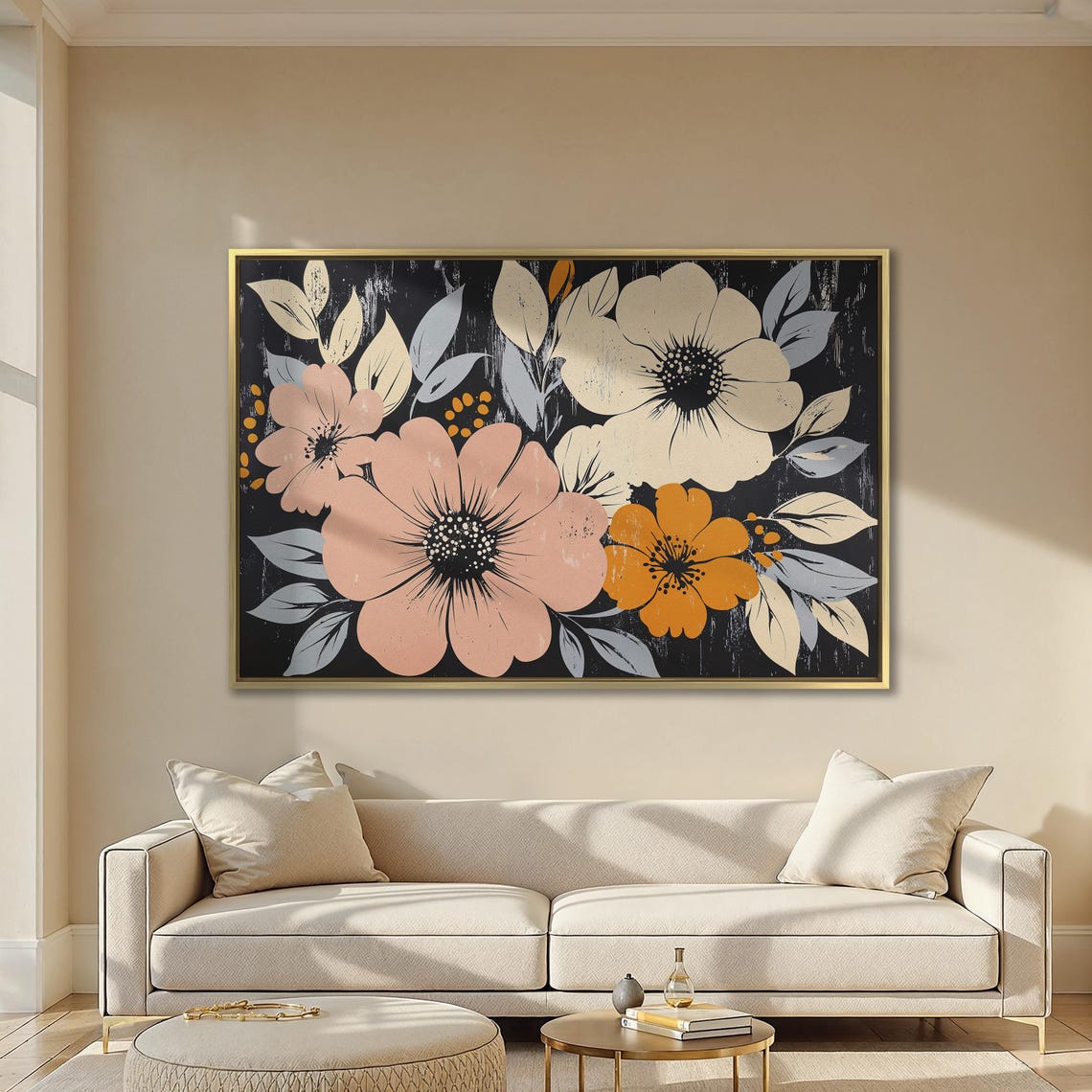 Bold Coral And Cream Blooms On Distressed Black Floral Poster - Image 2