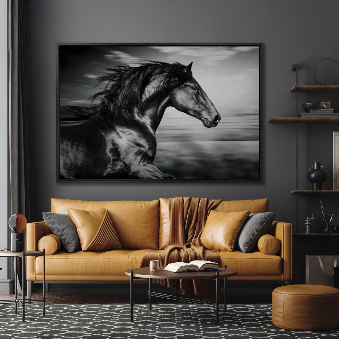 Black Horse Running Dramatic Monochrome Equine Large Wall Art - Image 5