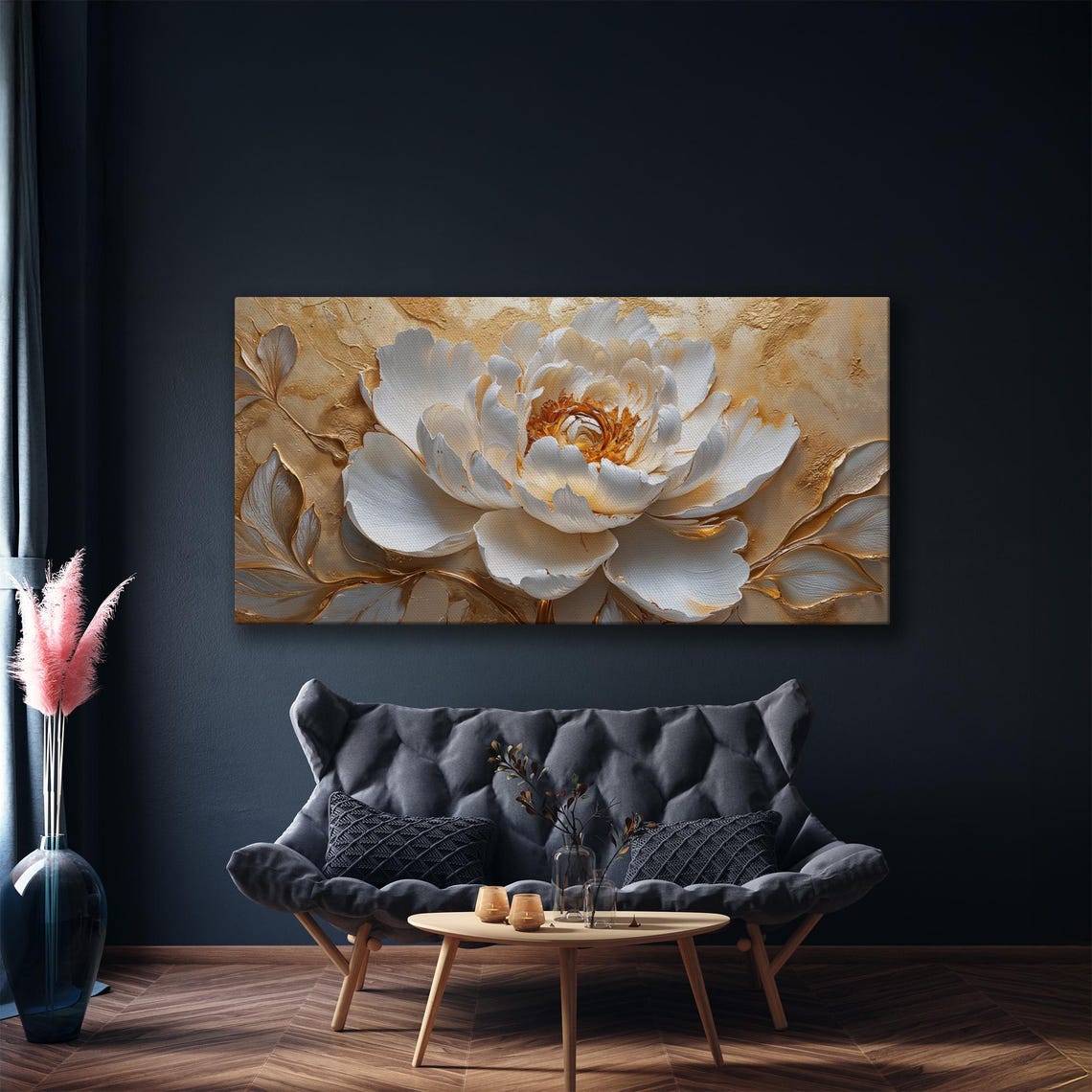 Large White And Gold Peony Bloom Sculpted Relief Botanical Poster - Image 5