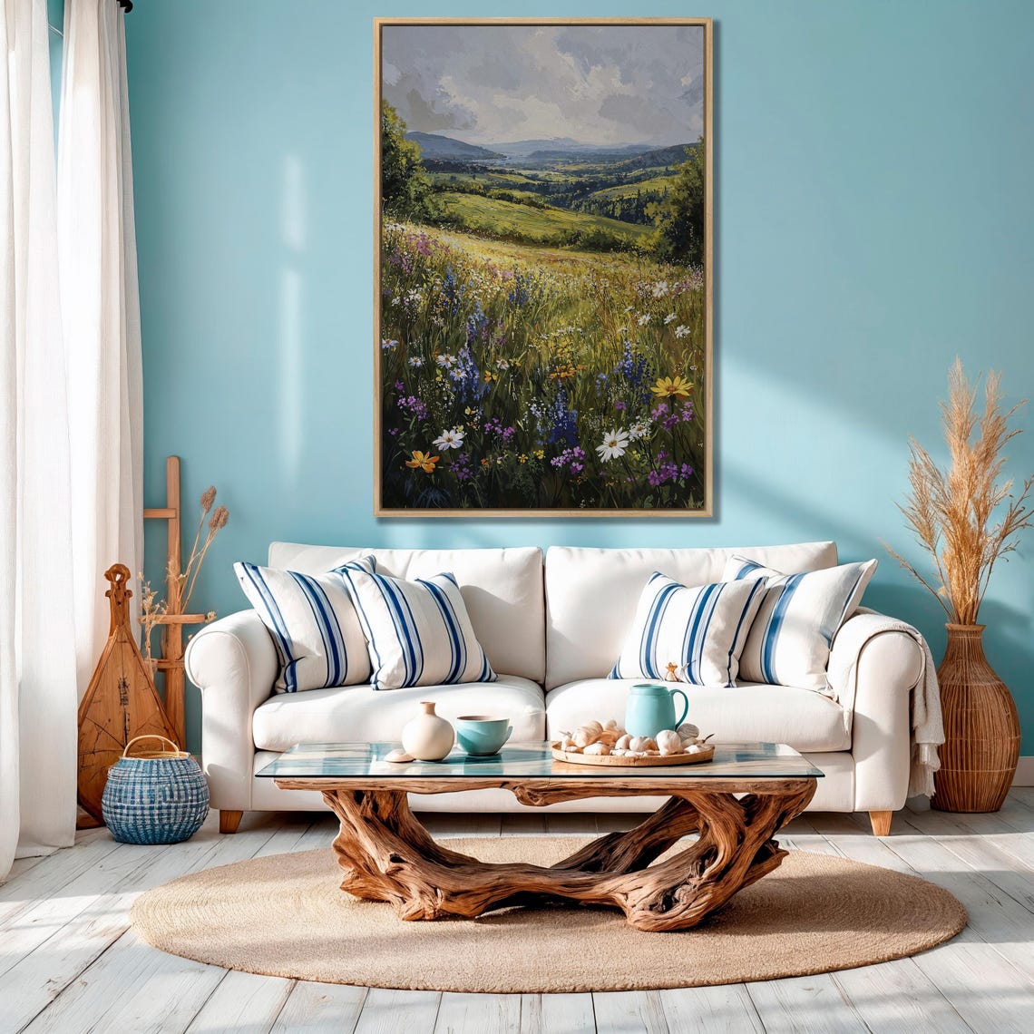 Sunlit Wildflower Meadow Overlooking a Green Valley Vista Poster - Image 4