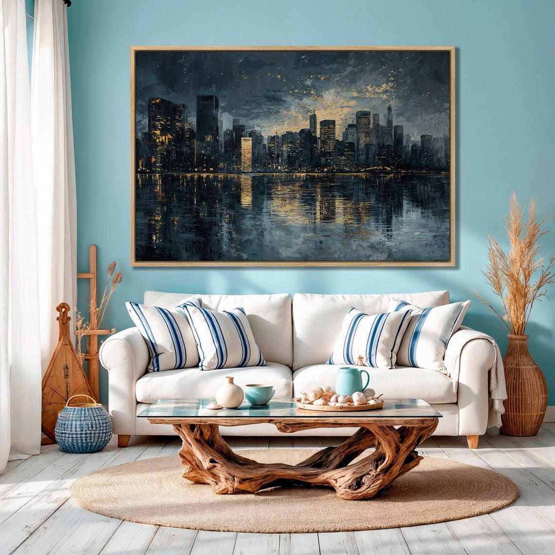 Night City Skyline with Glowing Lights Water Reflection Art Poster - Image 2