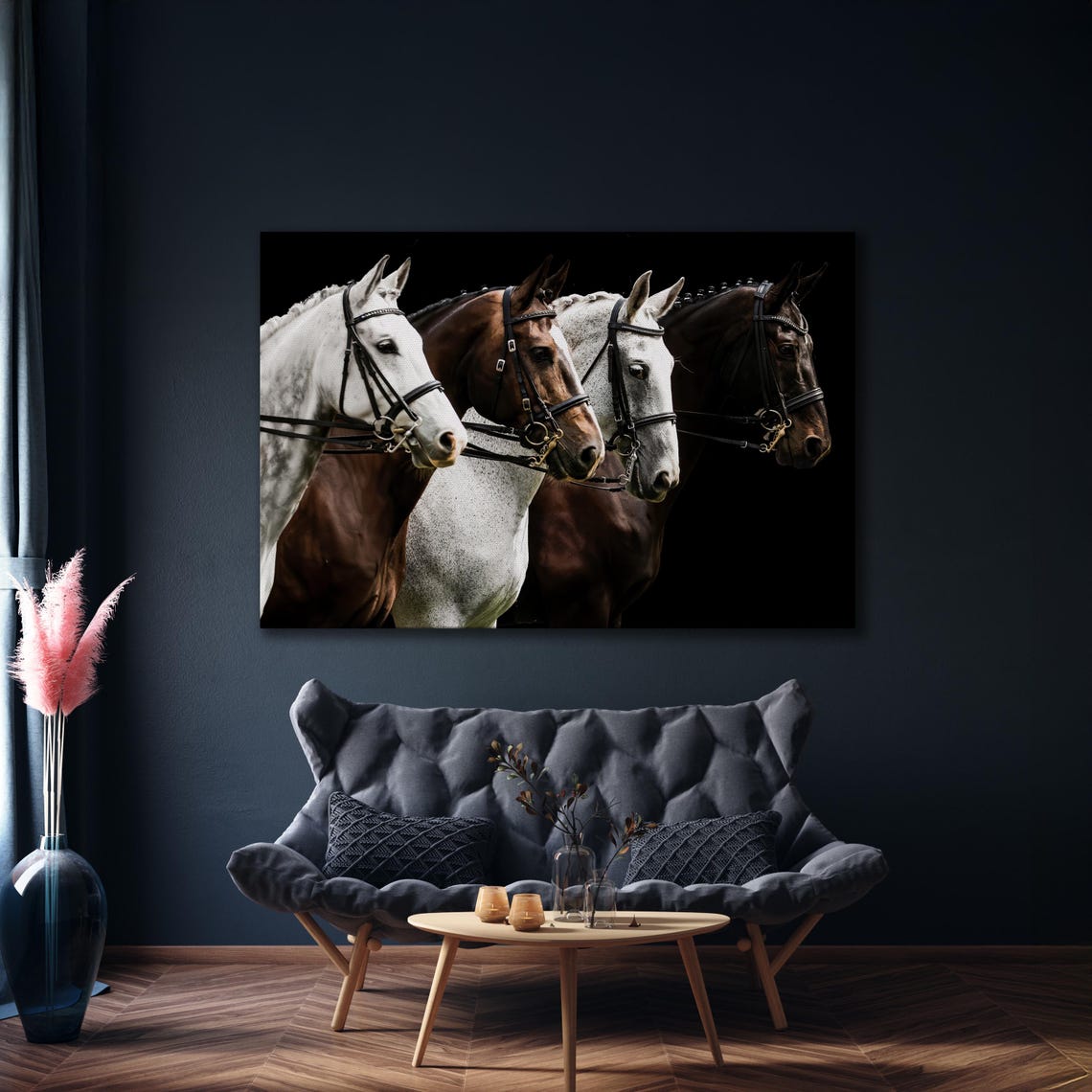 Four Horses In Bridles Black Background Equestrian Team Wall Art - Image 3