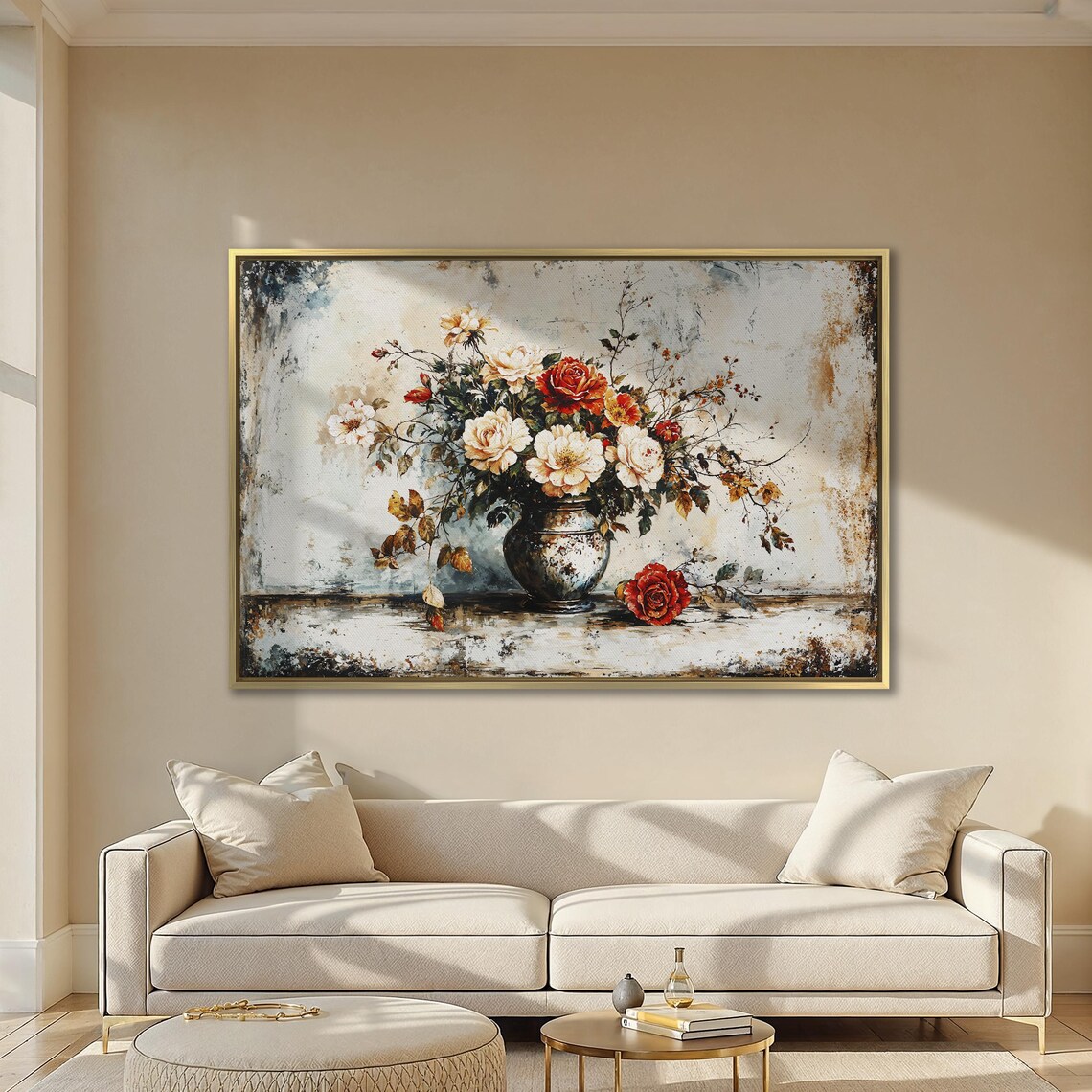 Cream And Red Roses In Vase Vintage Still Life Floral Poster - Image 2
