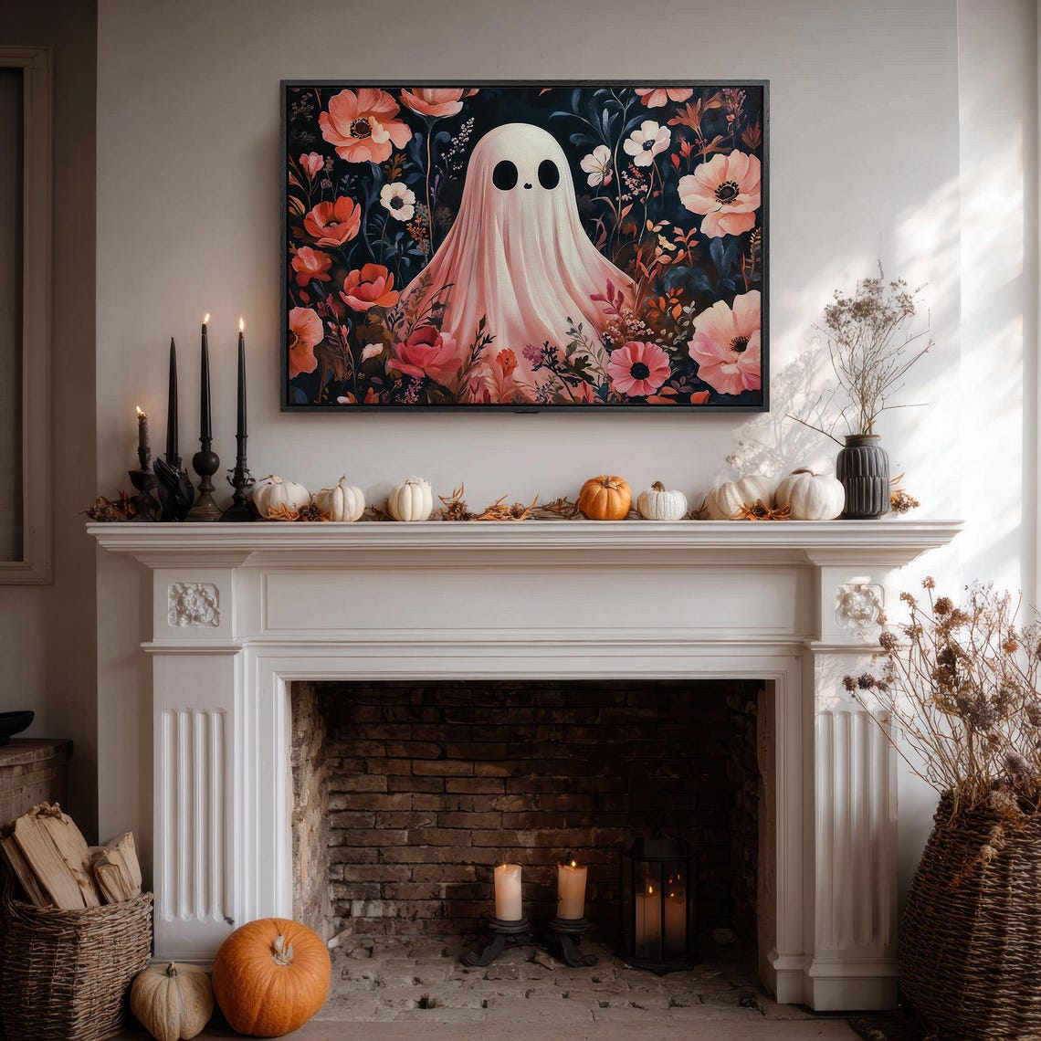 Cute Pink Ghost In Floral Garden Halloween Dark Academia Poster