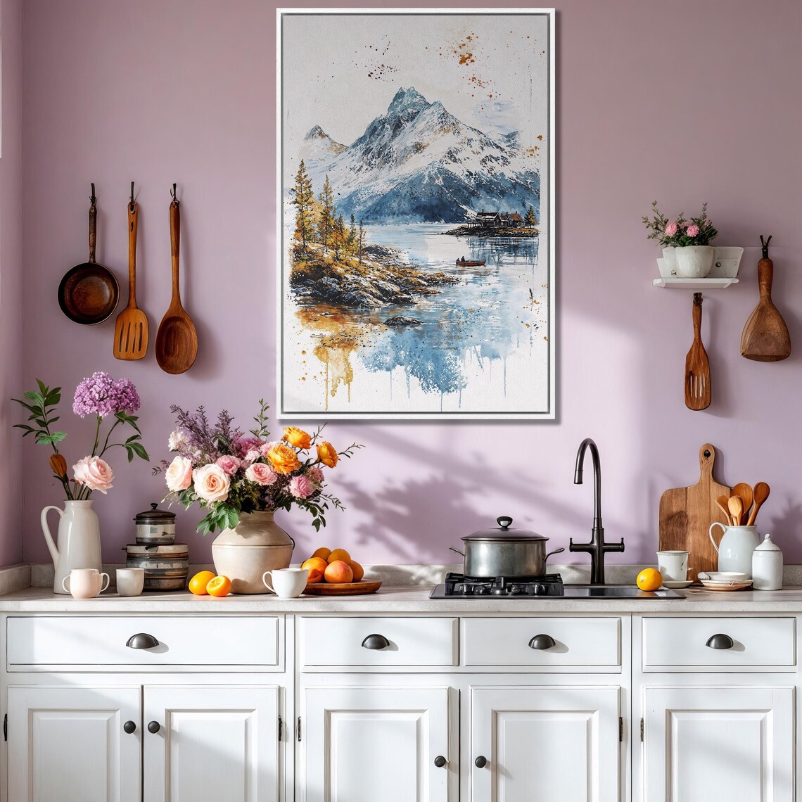 Snowy Mountain Lake with Red Canoe and Cabins Autumn Watercolor Poster - Image 3