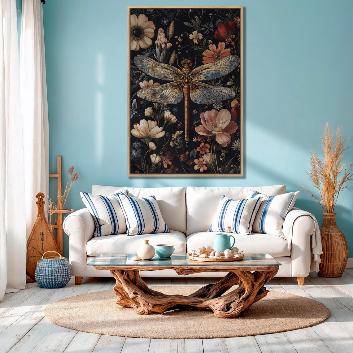 Golden Dragonfly Among Vintage Blooms On Black Floral Poster - Image 4