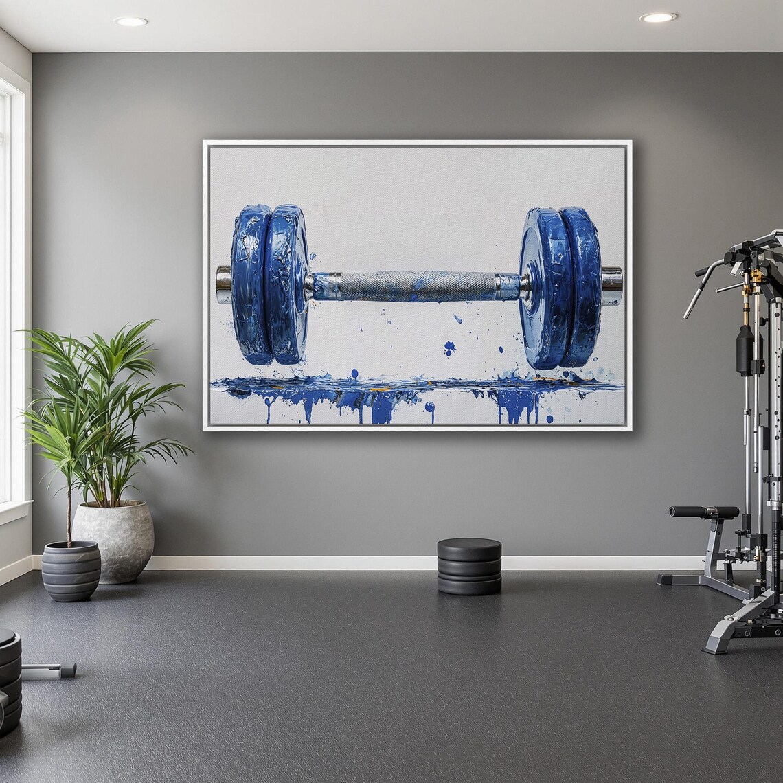 Blue Painted Dumbbell with Paint Drips on White Fitness Poster - Image 5