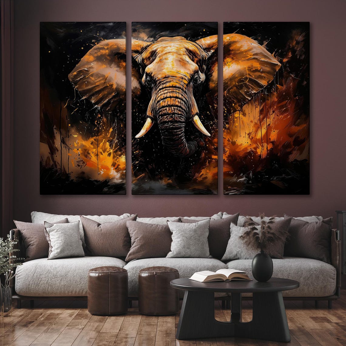 African Elephant Fiery Orange Brushstrokes Safari Portrait Wall Art - Image 6