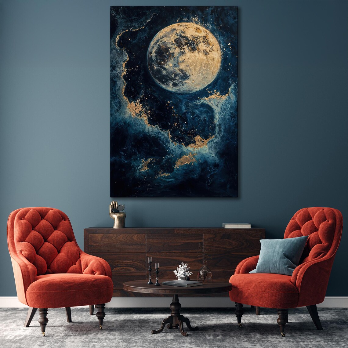 Golden Full Moon in Dark Blue Cosmic Night Sky Elegant Art Poster - Image 6