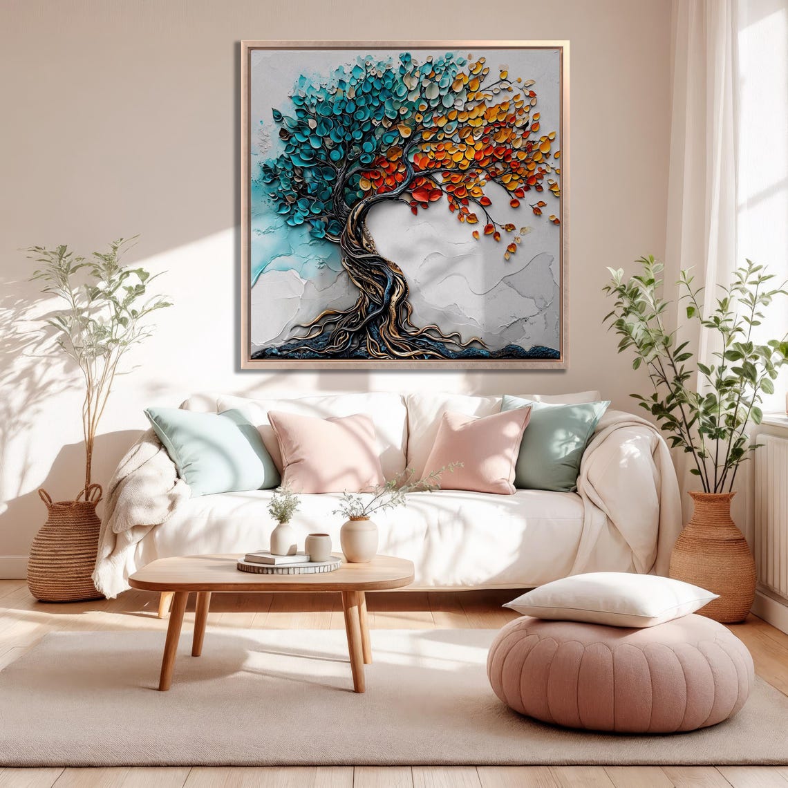 Tree of Life Teal Orange Leaves 3D Impasto Textured Painting Poster - Image 2