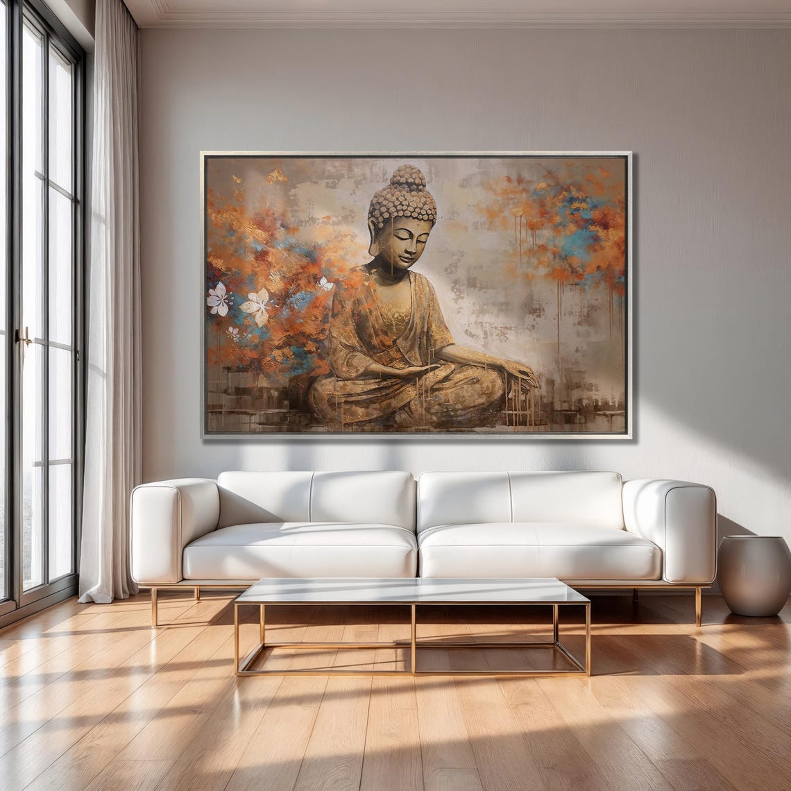 Serene Meditating Buddha Gold Teal Abstract Oil Painting Poster - Image 2