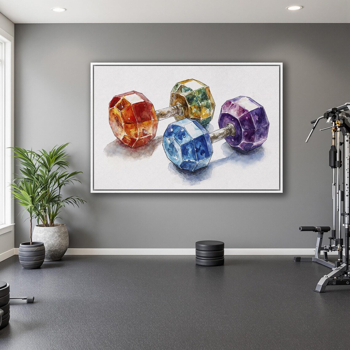Pair Of Colorful Watercolor Dumbbells Resting On White Gym Poster - Image 5
