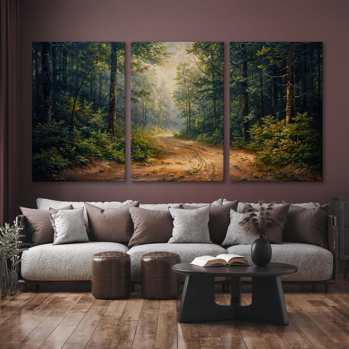 Sunlit Forest Path With Dirt Road Morning Mist Painting Poster - Image 6