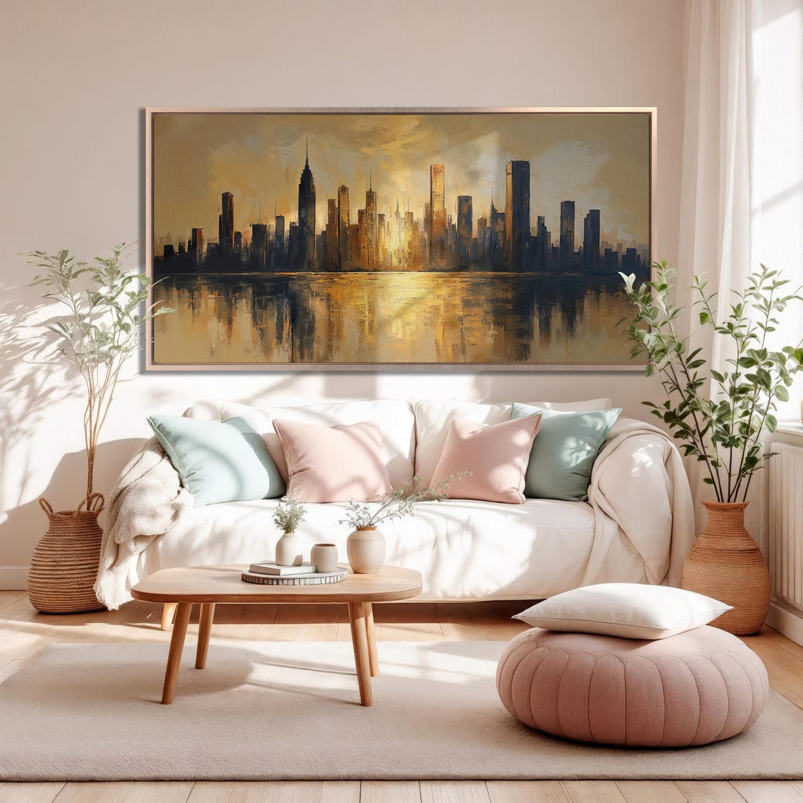 Golden Sunset City Skyline with Water Reflection Urban Art Poster - Image 2