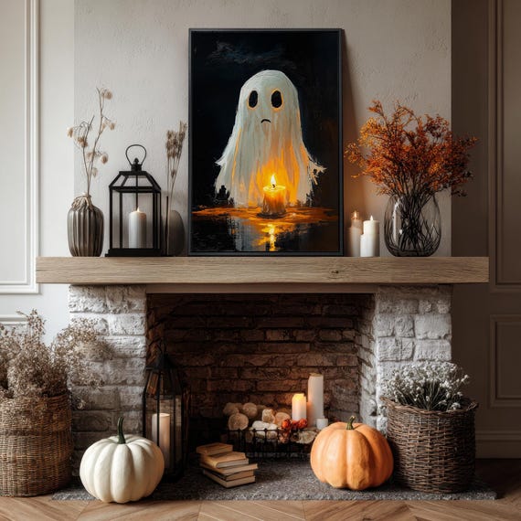 Sad Ghost Holding Candle Dark Academia Halloween Night Art Poster