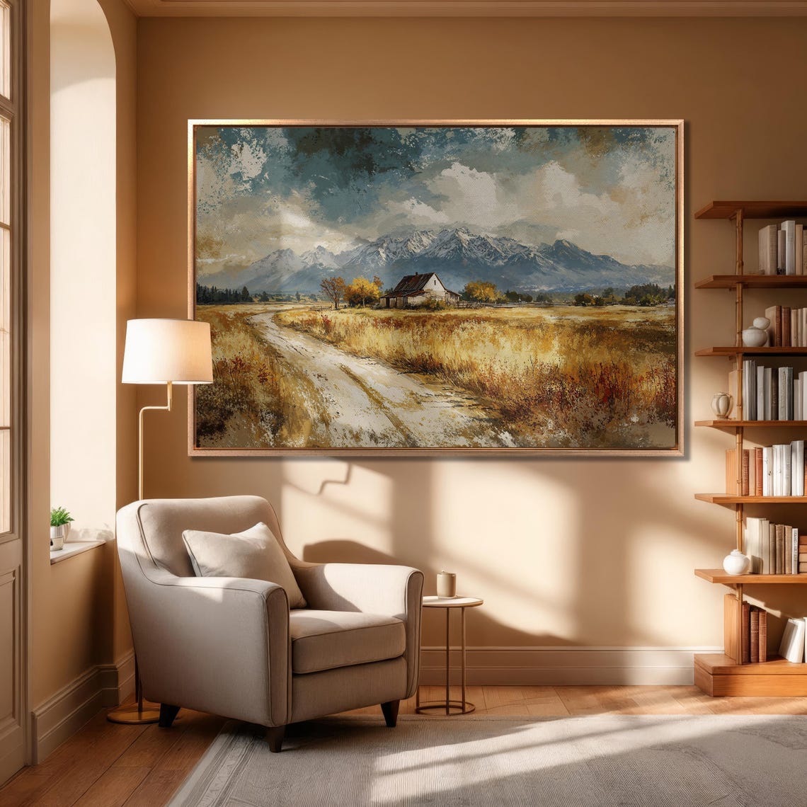 Autumn Barn Path Under Snow-Capped Mountain Landscape Poster - Image 6