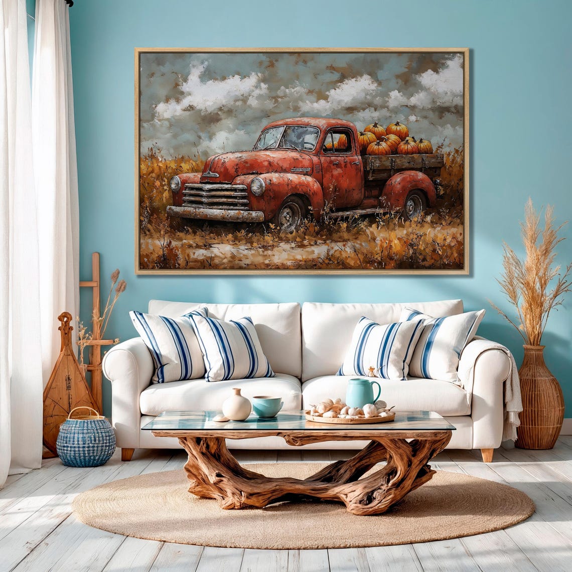 Vintage Red Chevrolet Pickup Truck Loaded With Pumpkins Poster - Image 3