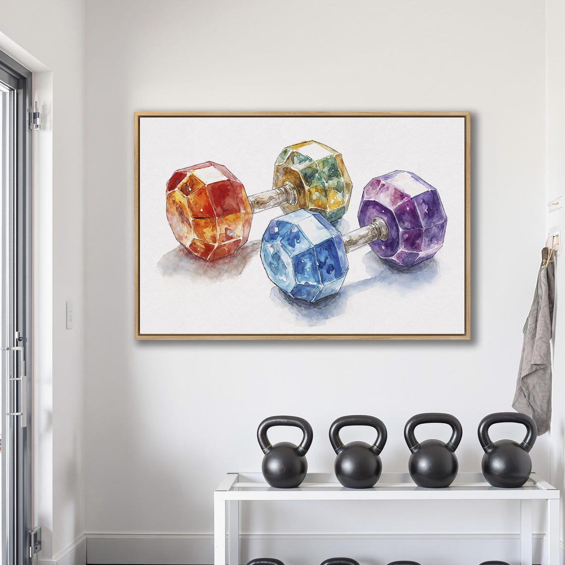 Pair Of Colorful Watercolor Dumbbells Resting On White Gym Poster - Image 2