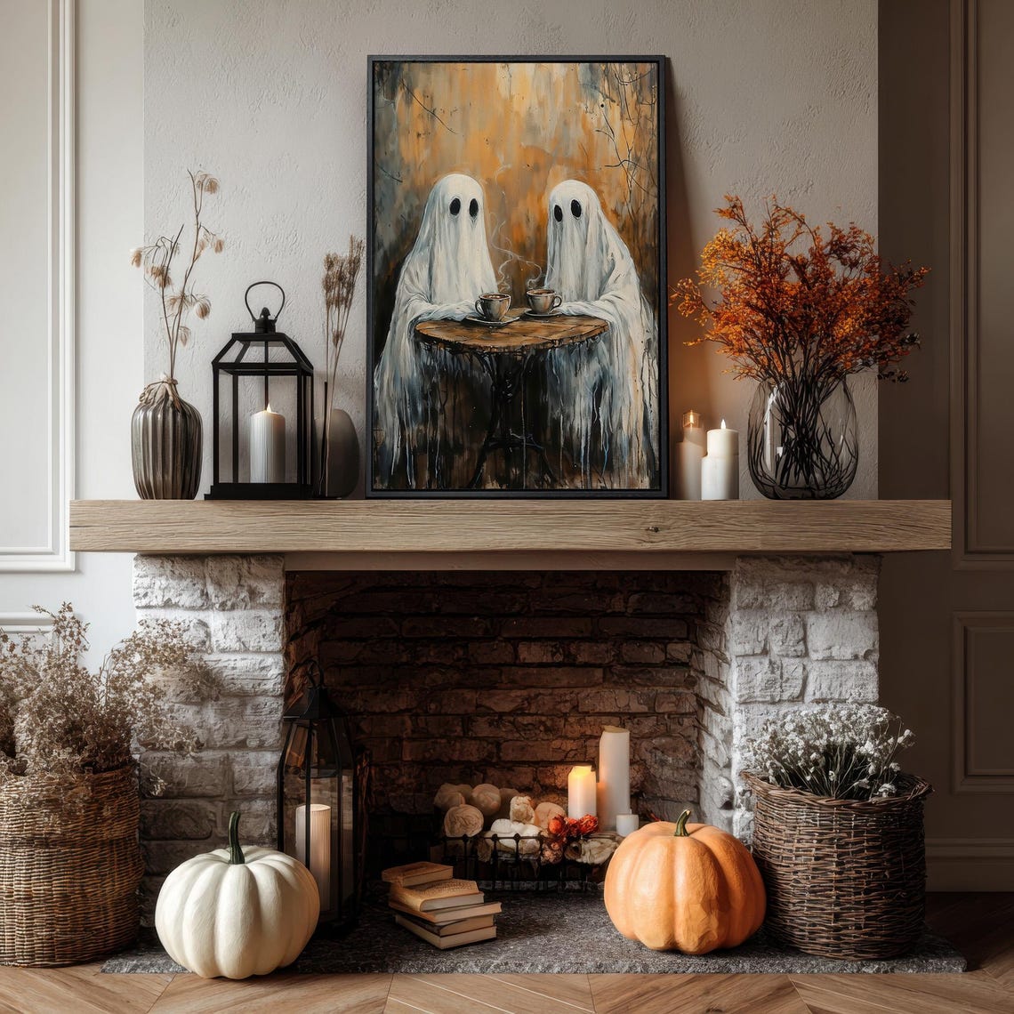 Two Cute Ghosts Sharing Coffee Cozy Halloween Fall Art Wall Poster