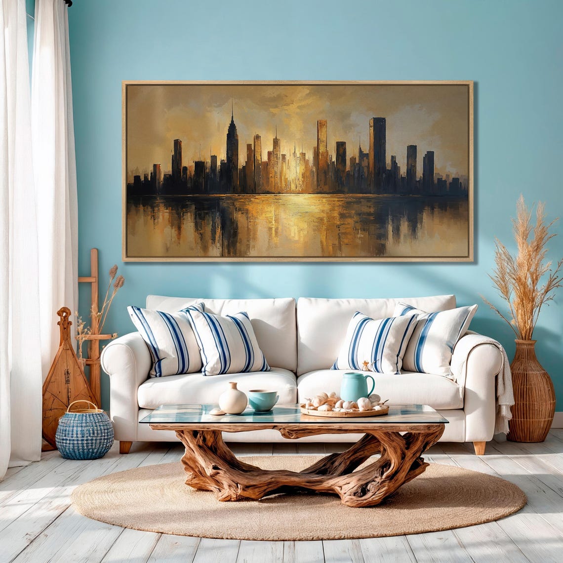 Golden Sunset City Skyline with Water Reflection Urban Art Poster - Image 3