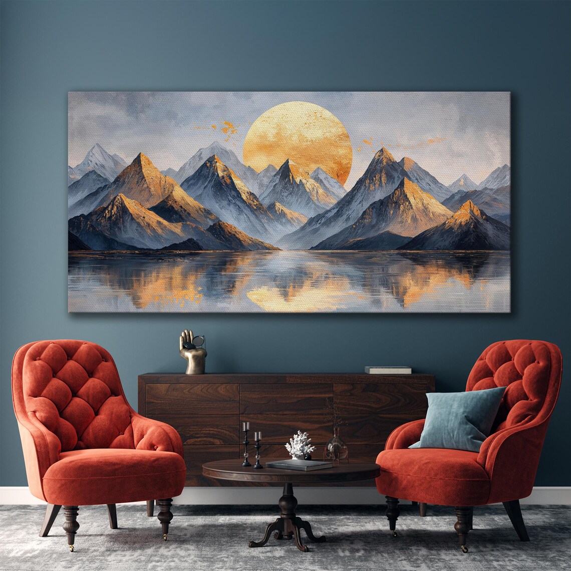 Golden Sun Rising Over Mountain Lake Panorama Serene Art Poster - Image 4