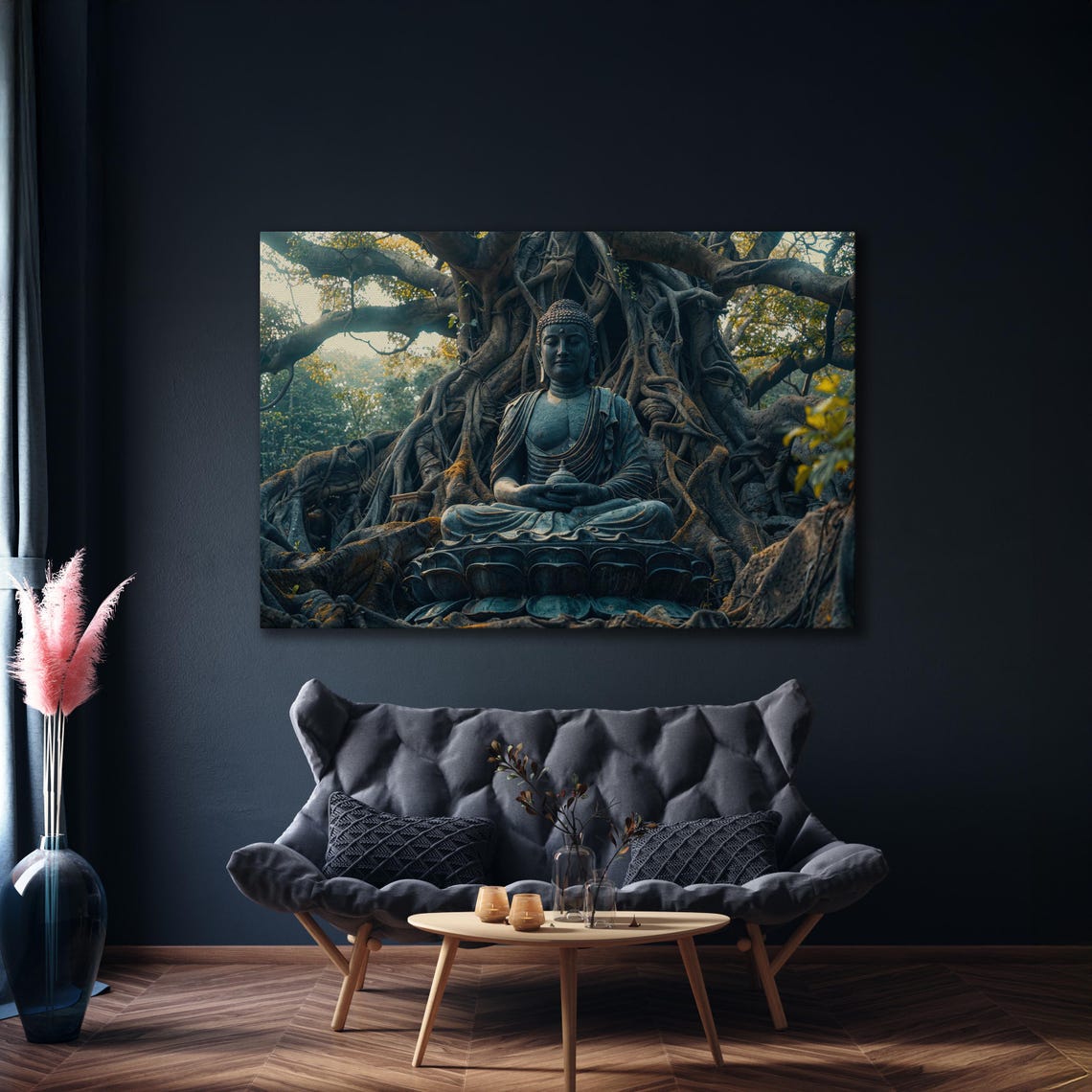 Buddha Statue Meditating Beneath Ancient Banyan Tree Roots Poster - Image 4
