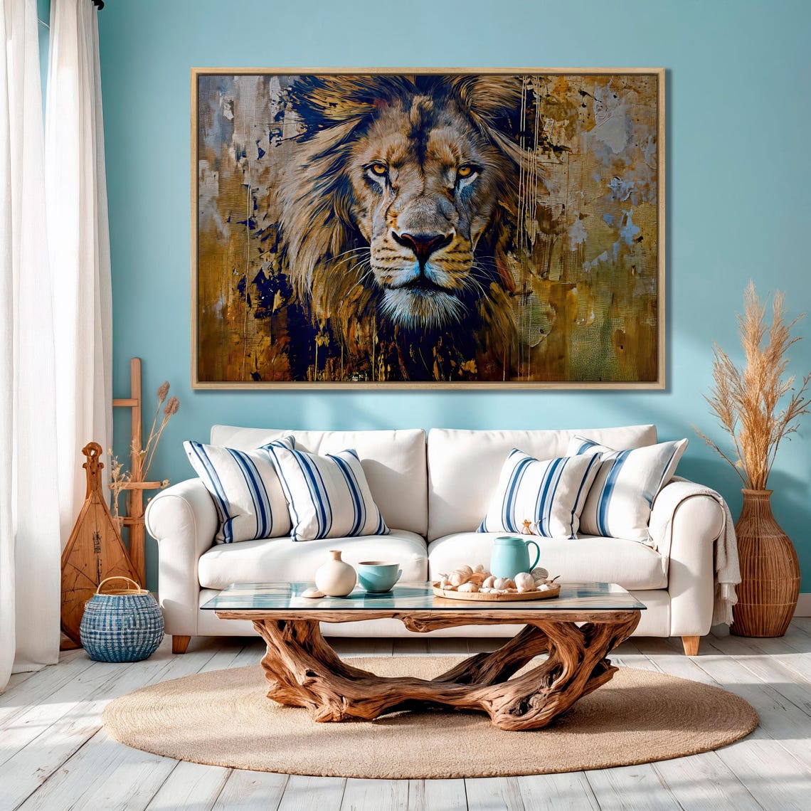 Lion Portrait Golden Brushstrokes Amber Eyes Wildlife Wall Art - Image 3