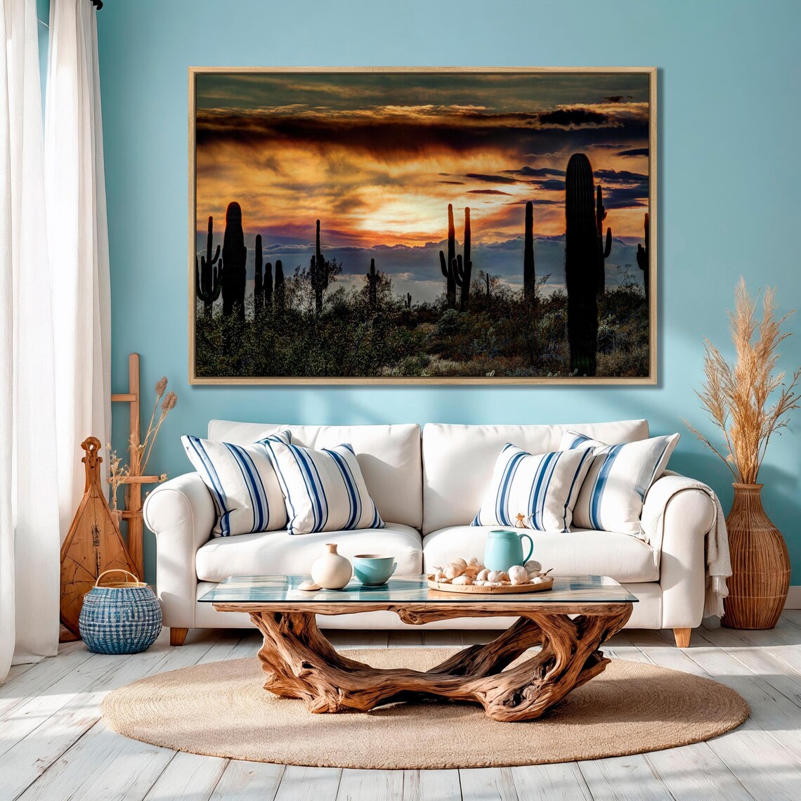 Sonoran Desert Saguaro Cactus Fiery Sunset Silhouette Large Wall Art - Image 3